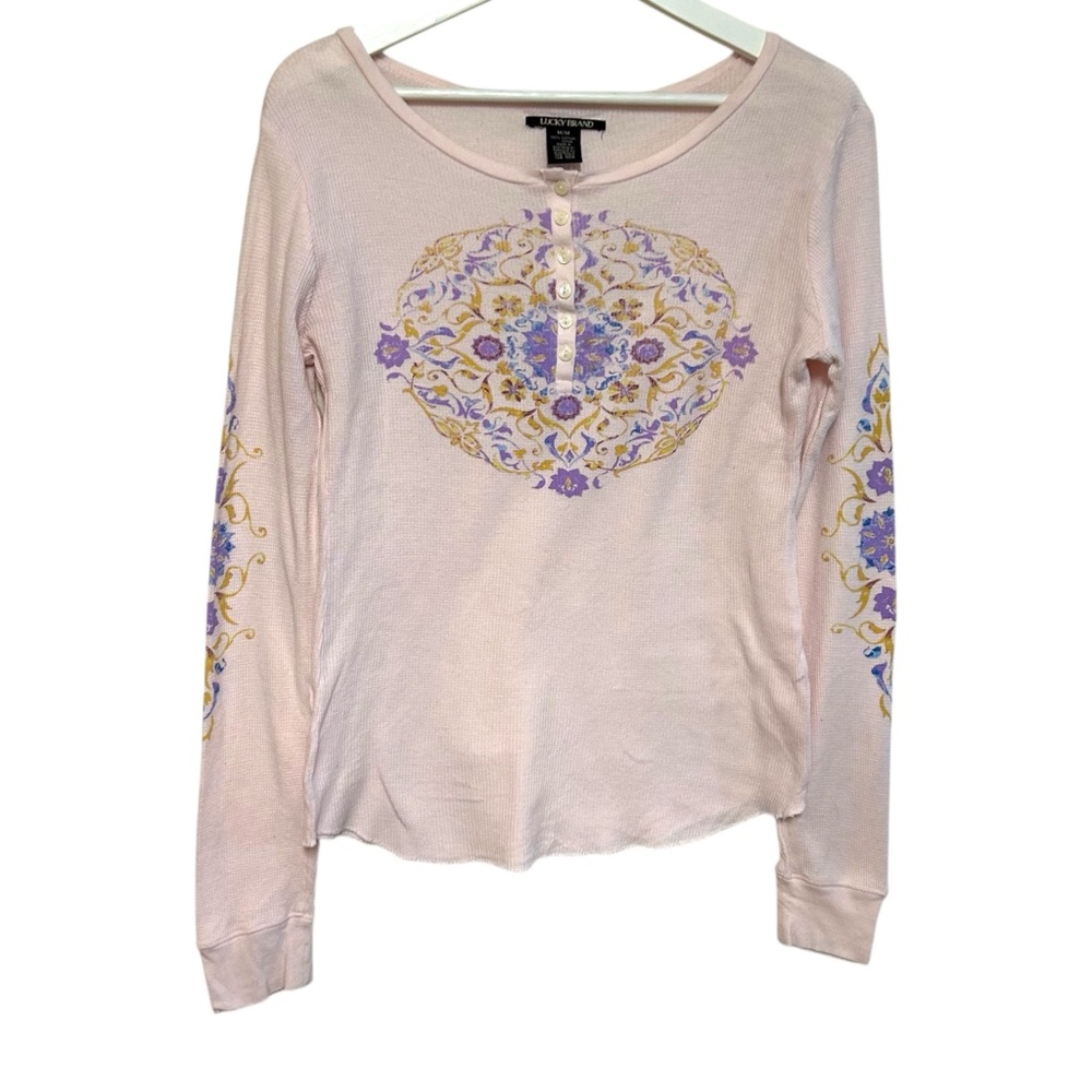 Y2K lucky brand M‎ thermal waffle Henley floral print detail boho indie vintage